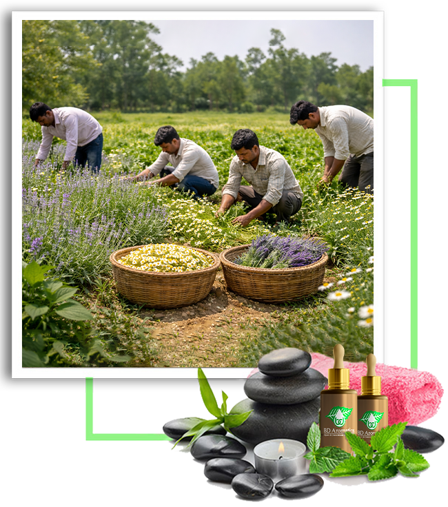 Farmers working in yards crafting natural essential oils with organic meothods 